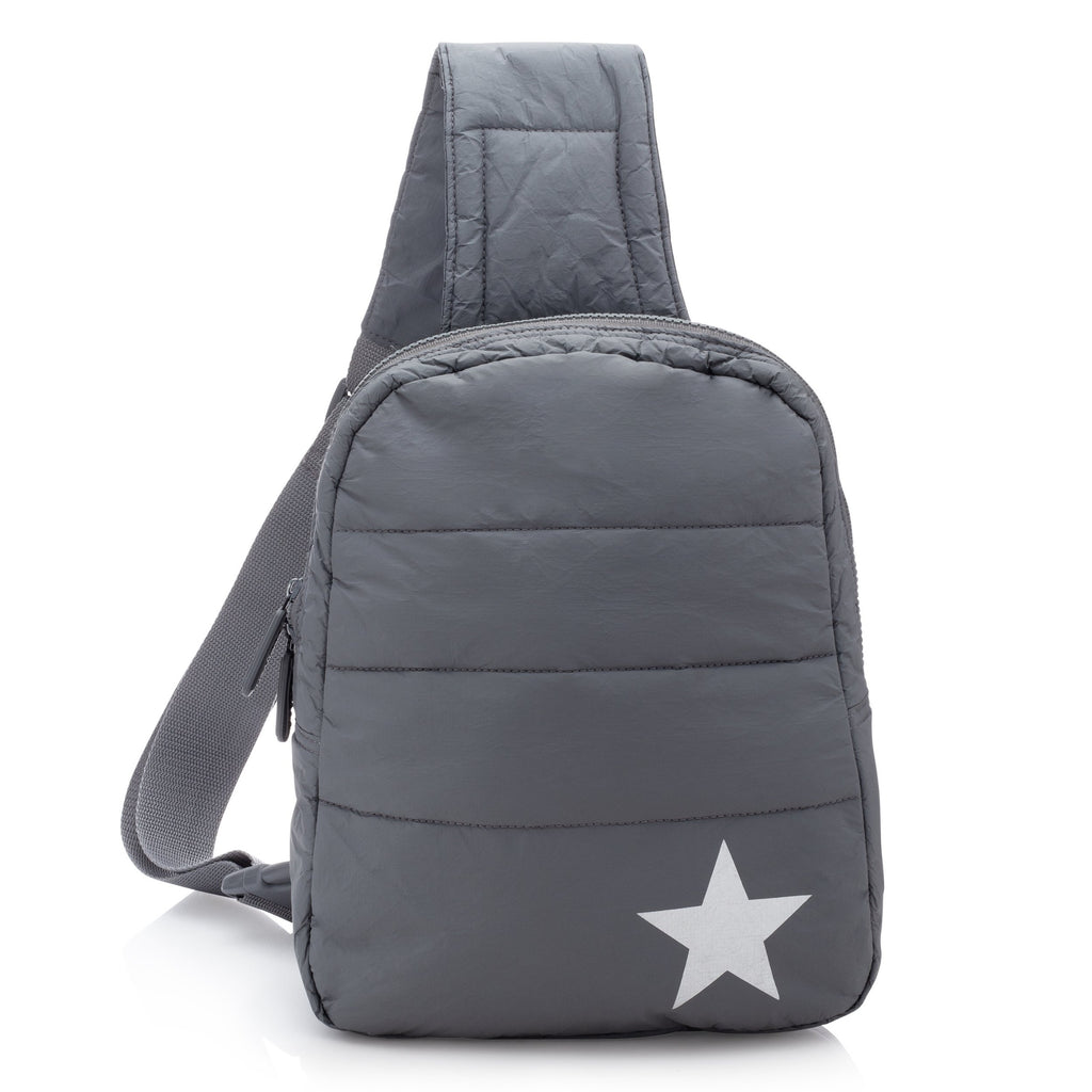 Puffer Crossbody Backpack in Shimmer Gray with Silver Star