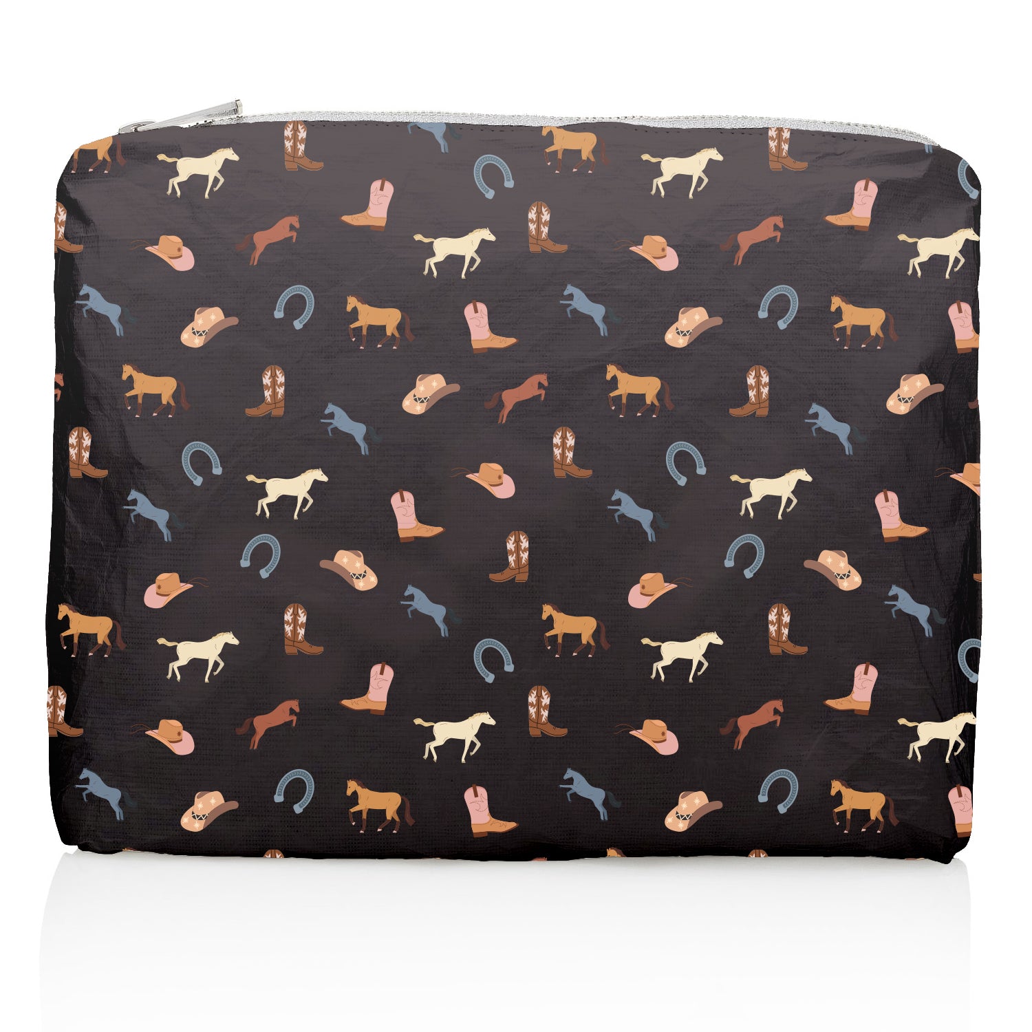 Black zipper pouch with horses, cowboy hats, boots and horsehoe pattern