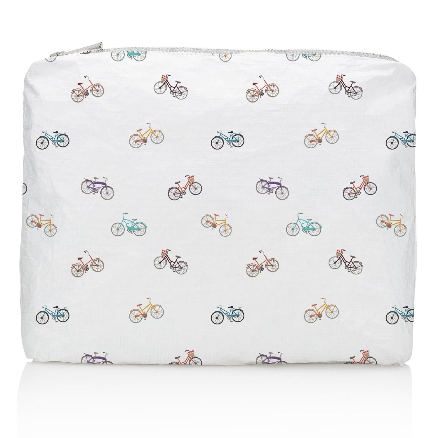 Medium zipper pouch in white with colorful bicycles pattern