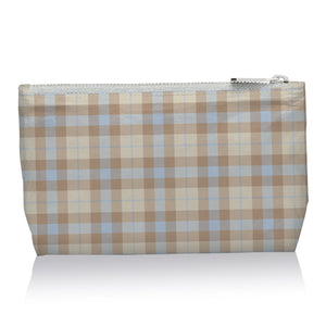 Cosmetic zipper pouch in shimmer light blue and beige plaid