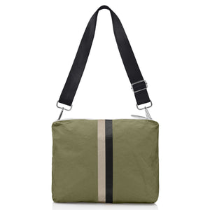 Crossbody purse in shimmer olive green with beige and black stripe