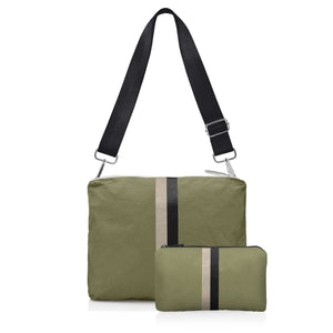 Crossbody purse and mini zipper pouch in shimmer green with beige and black stripes