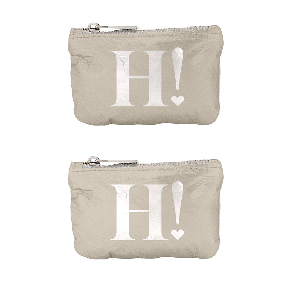 Set of two gift card holder zipper packs in shimmer beige with silver "H!" logo