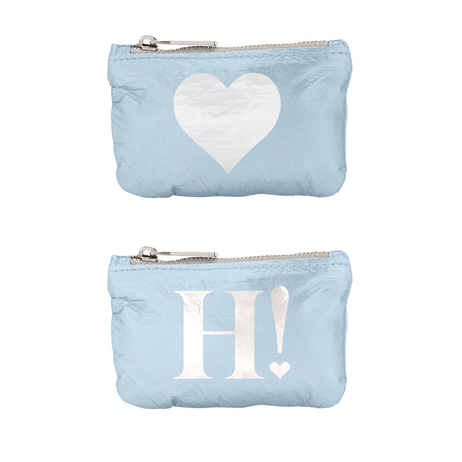 Set of two mini zipper gift card pouches in shimmer ice blue color with silver heart and 'H!' logo