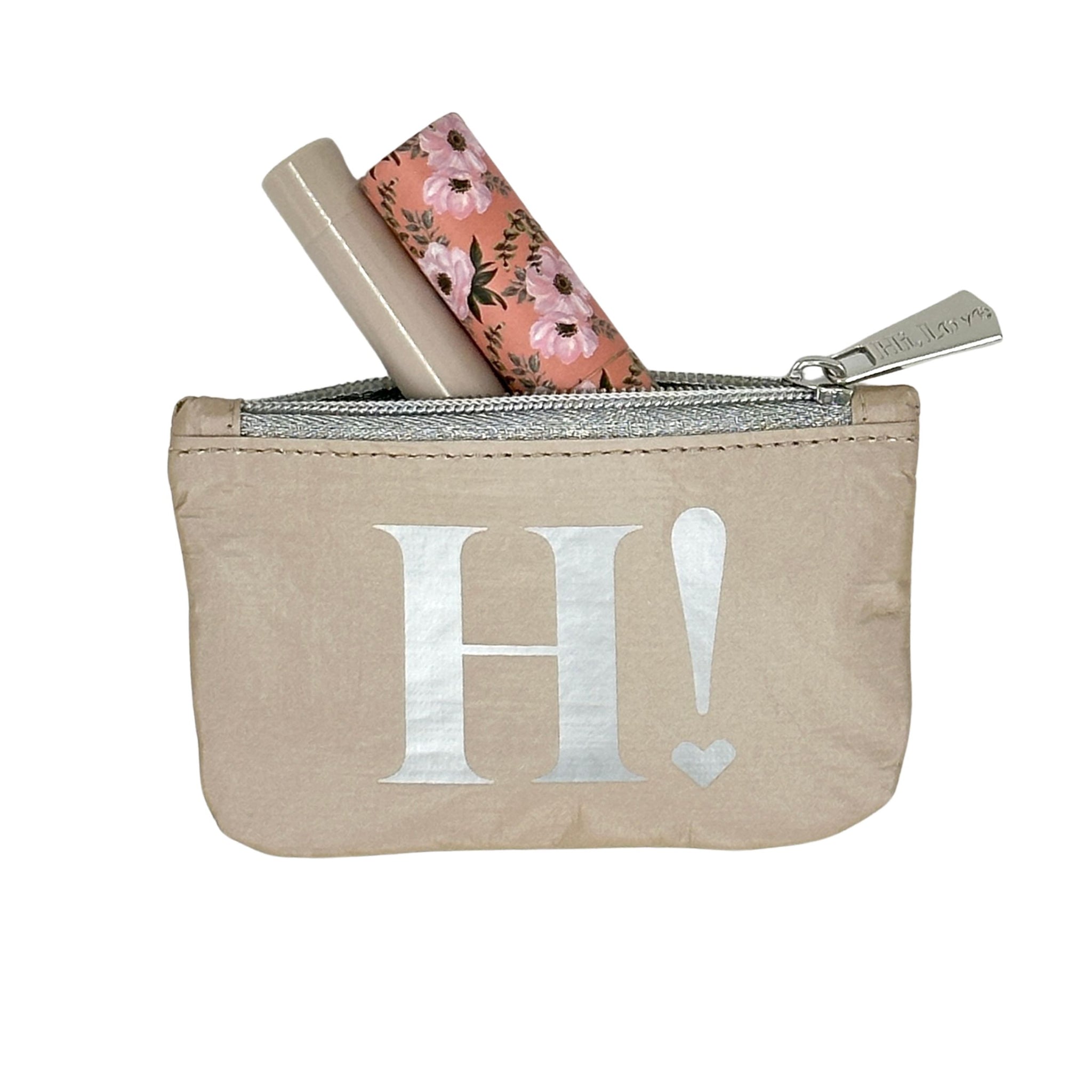 Shimmer beige gift card holder pack with silver "H!" logo