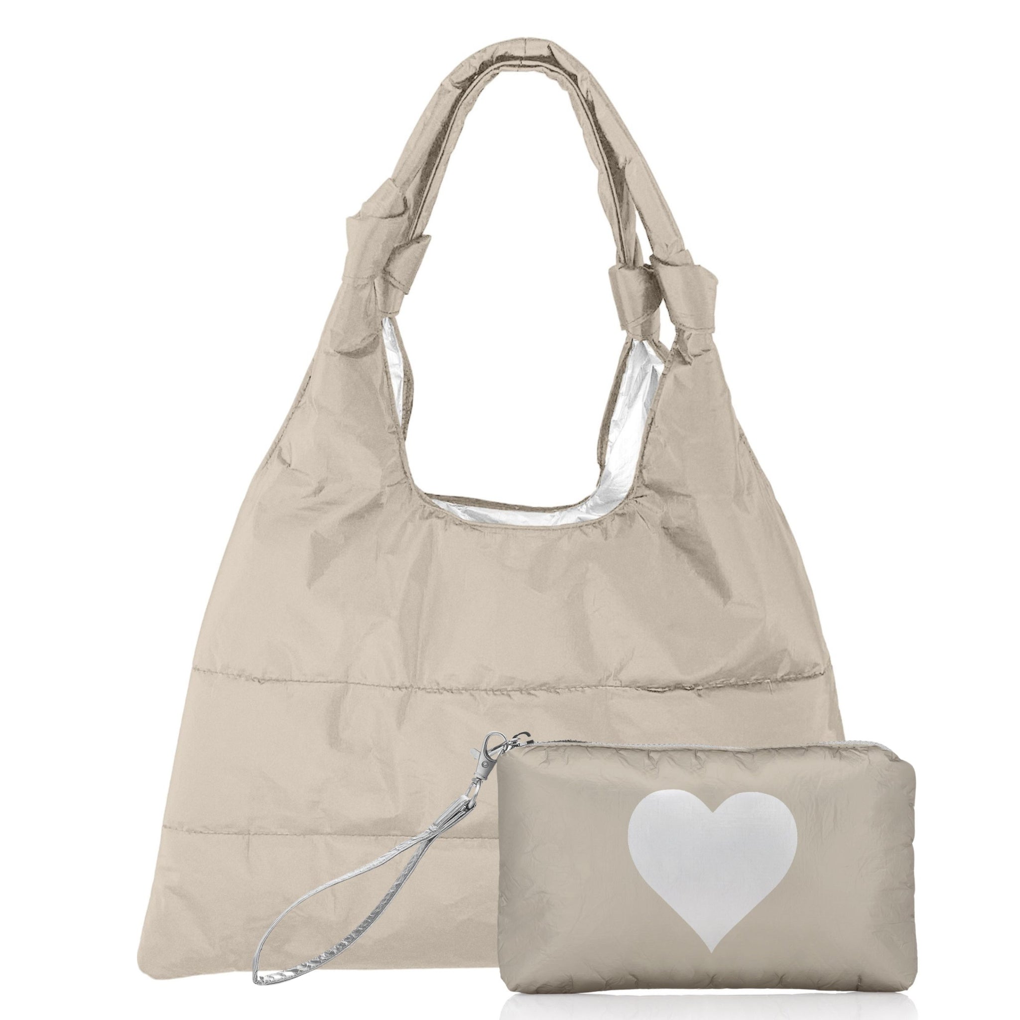 Shimmer beige top handle tote bag and wristlet with silver heart