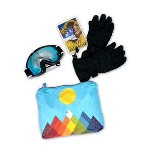 Rainbow mountain zipper pouch with gloves and ski goggles coming out of pouch