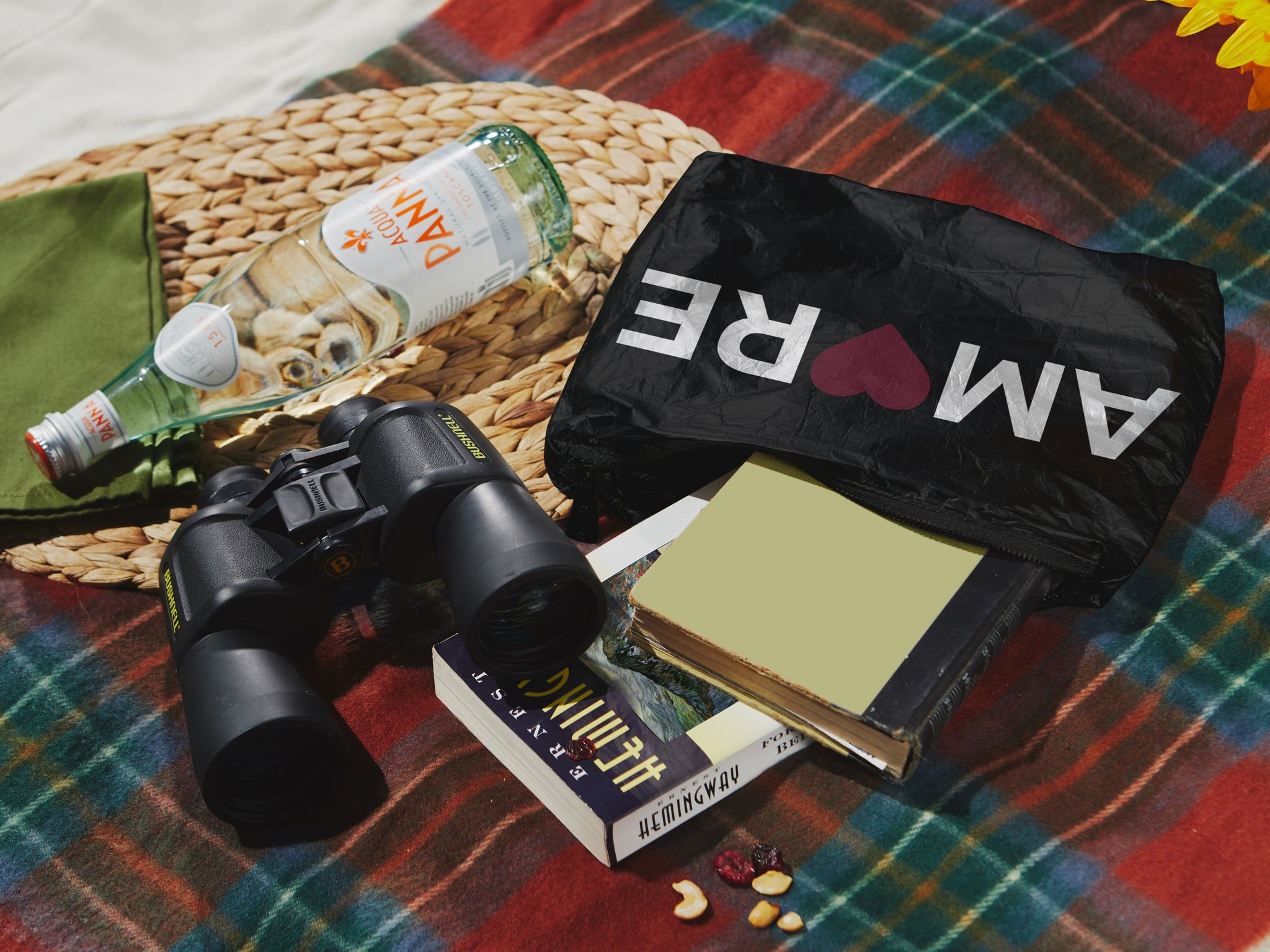 Plaid picnic blanket with black with "AMORE" medium zipper pouch, bottled water, book, and binoculars on top