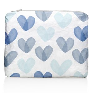 White medium zipper pouch with variety of blue hearts