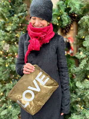 Woman in black coat and red scarf standing in front of evergreen trees holding a gold medium zipper clutch