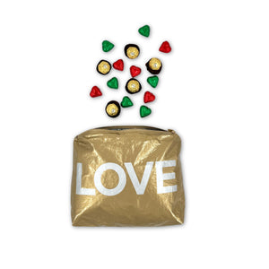 Medium zipper pouch gold with love emblem and candies coming out of it