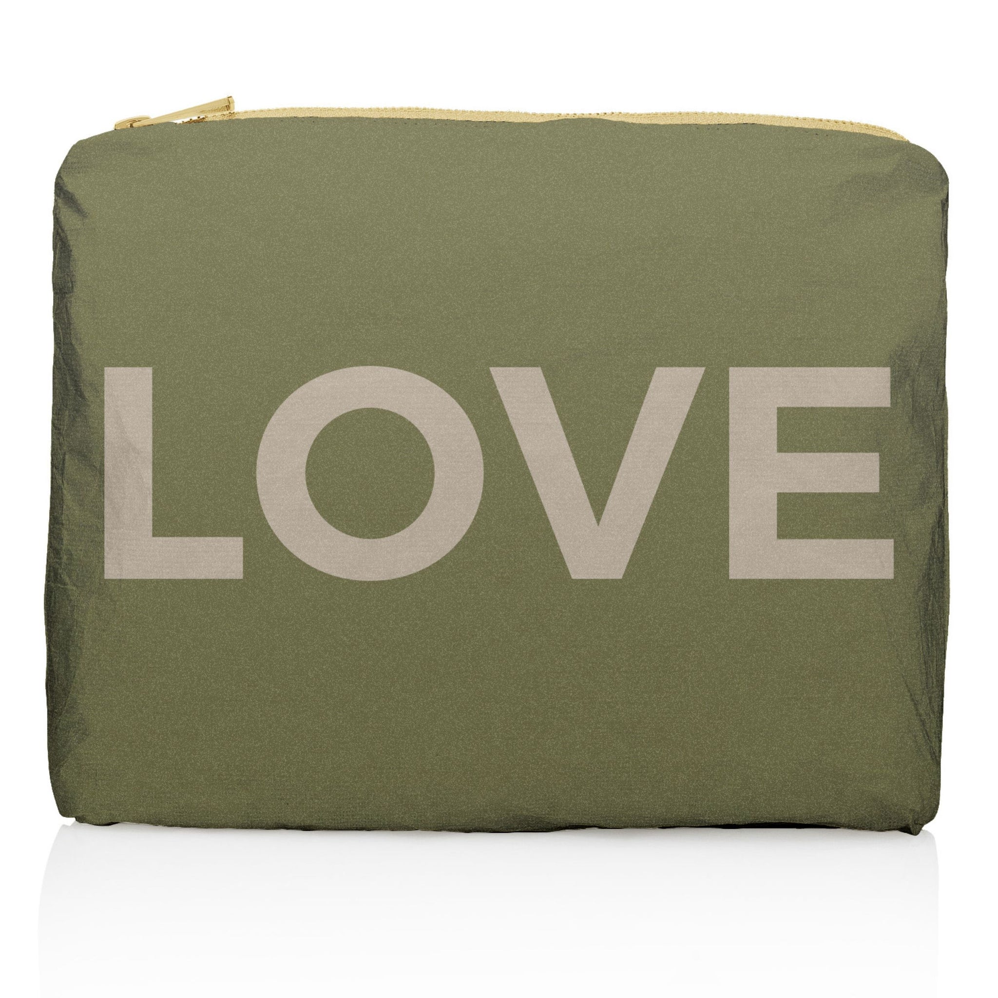 Medium Zipper Pack in Shimmer Olive Green with Golden "LOVE"