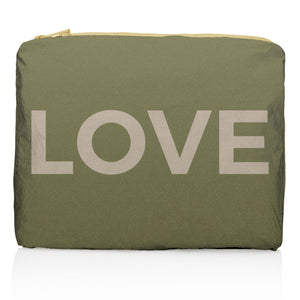 Medium Zipper Pack in Shimmer Olive Green with Golden "LOVE"