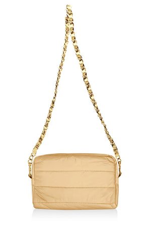 Mini puffer purse in gold with a silver and gold chain strap