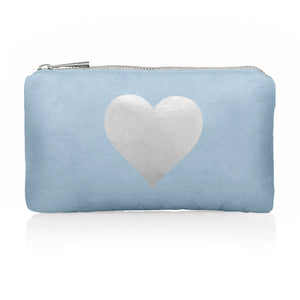 Shimmer ice blue mini zipper pouch with silver heart emblem