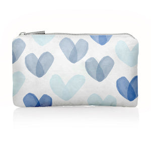 White mini zipper pouch with variety of blue hearts