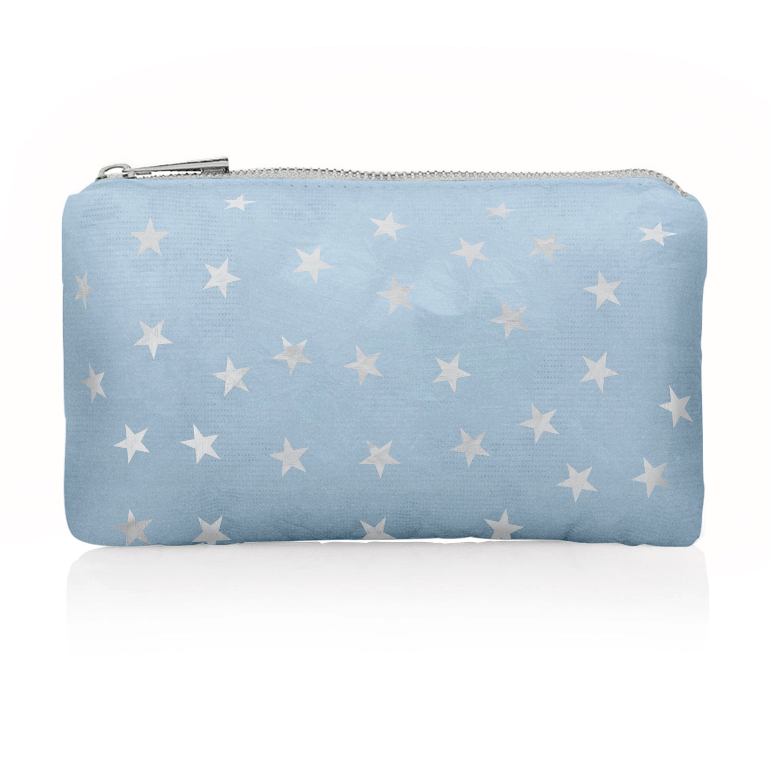 Mini zipper pouch in shimmer ice blue and myriad silver stars