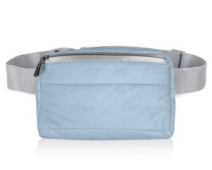 Shimmer ice blue puffer fanny pack with gray strap