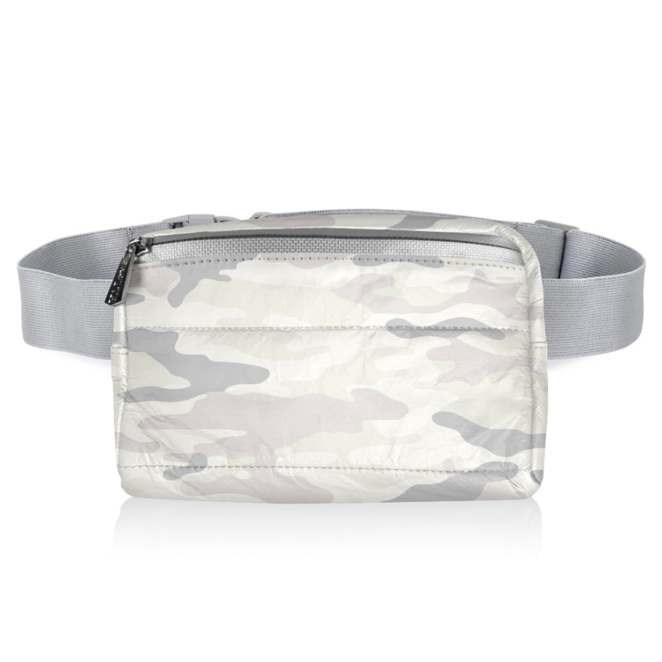 Puffer crossbody fanny pack in shimmer white and gray camouflage pattern