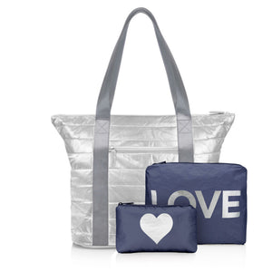Set of three bags, silver puffer tote, shimmer navy zipper pouches with love and silver heart