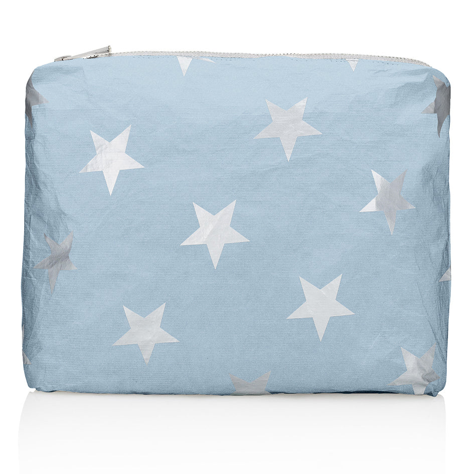 Shimmer ice blue zipper pouch with large silver stars