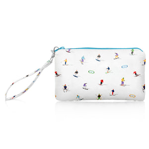 Zipper wristlet in white with dancing skiers and goggles pattern