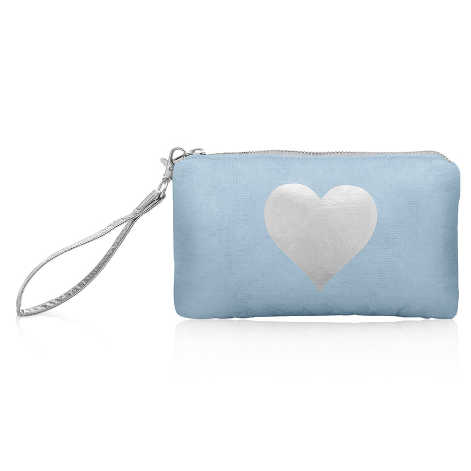 Shimmer ice blue zip wristlet with silver heart emblem