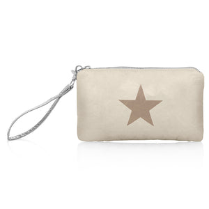 Shimmer beige zipper wristlet with bronze star and silver clip on wrist strap