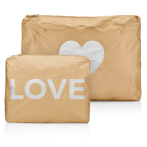 Jumbo gold zipper pouch with silver heart and medium gold zipper pouch with silver LOVE