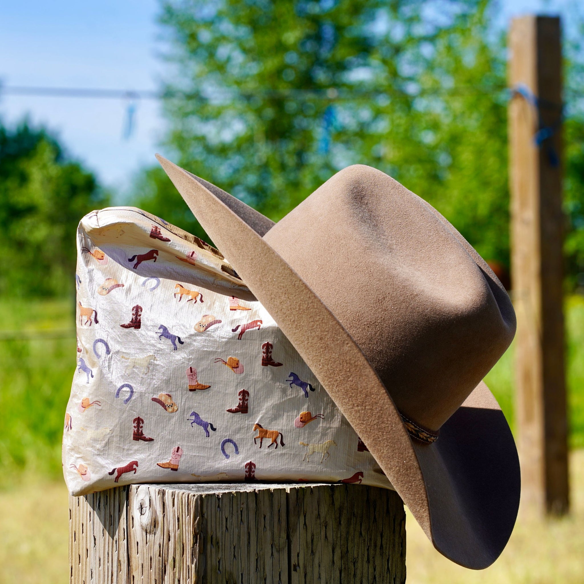 Shimmer beige equestrian pattern zipper pouch sitting on tree stump with cowboy hat