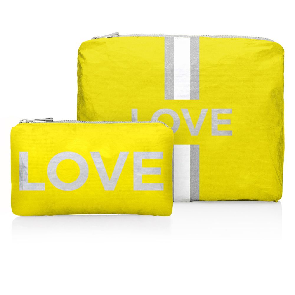 Set of two zipper pouches in lemon yellow with silver stripes and LOVE design