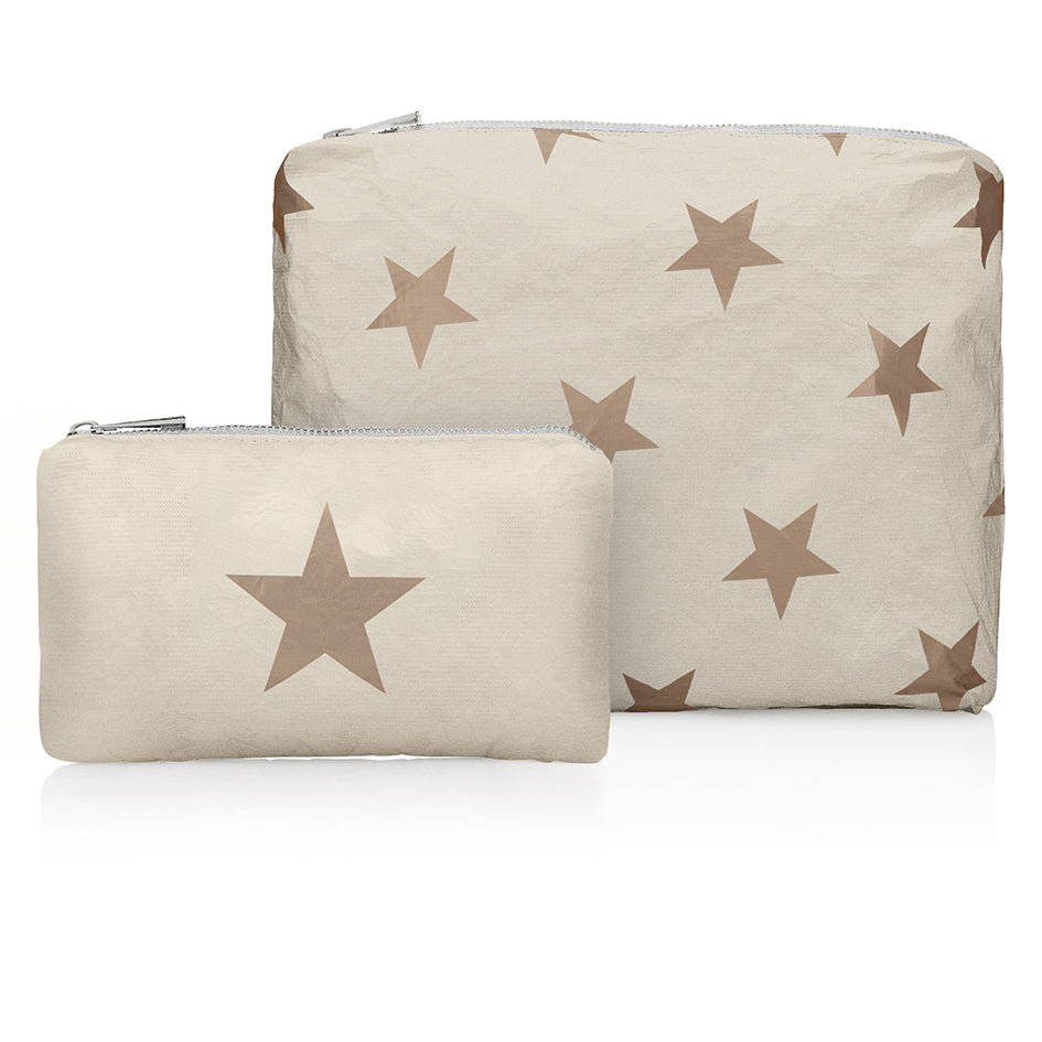 Medium and mini shimmer beige zipper pouches with bronze stars