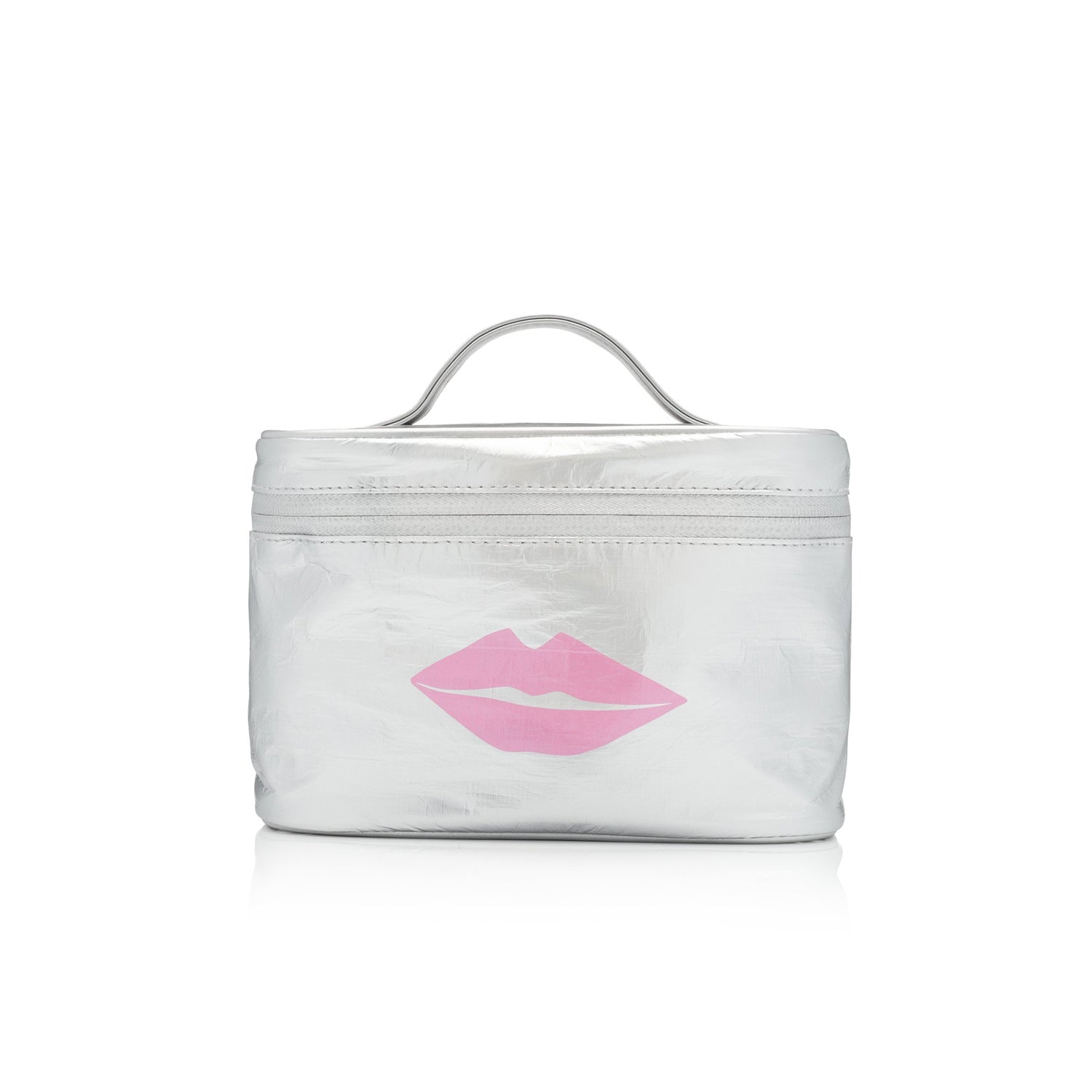 Cosmetic Case - Lunch Box - Silver with Pink Lips