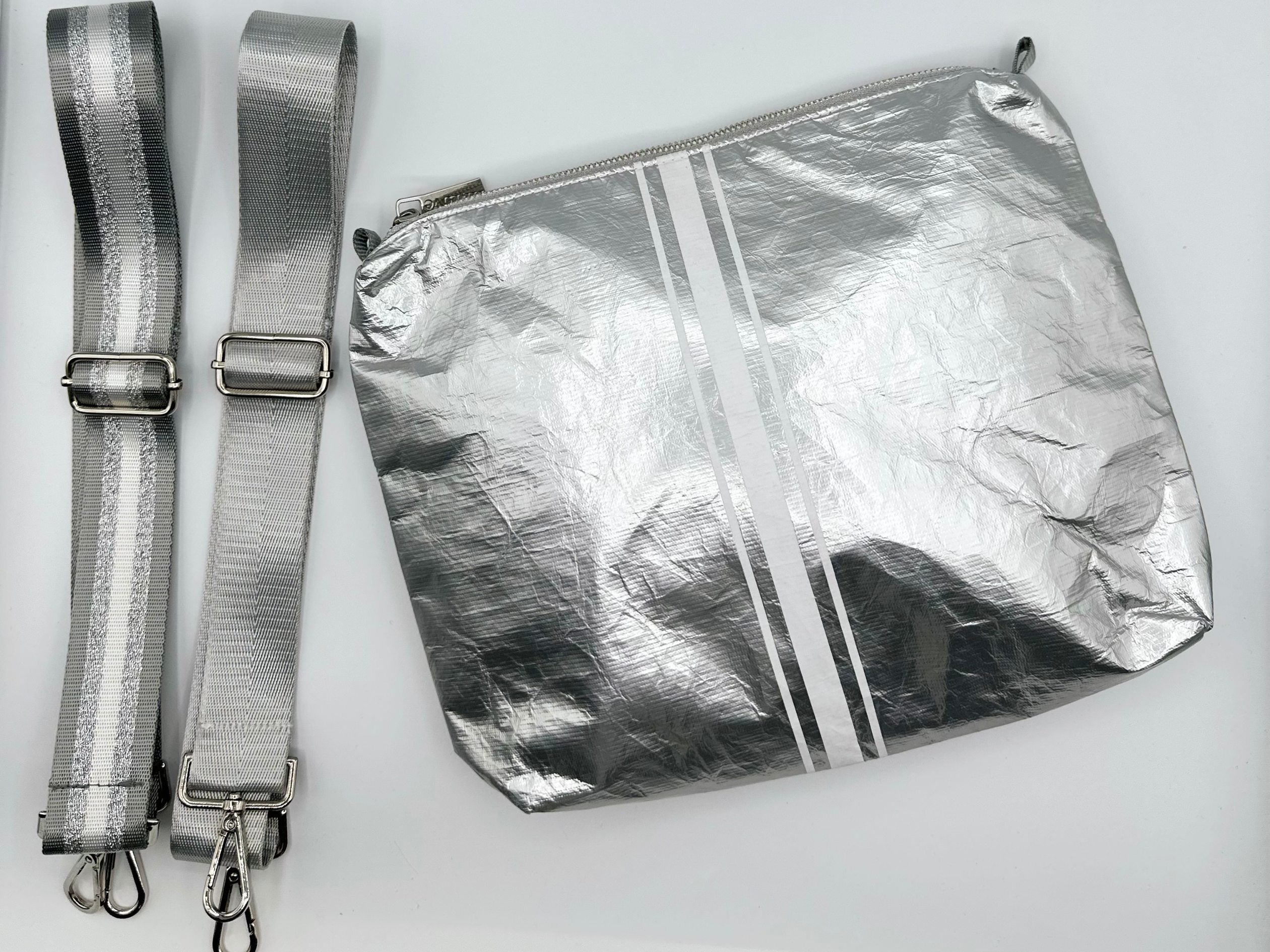 detachable purse strap gray white stripe