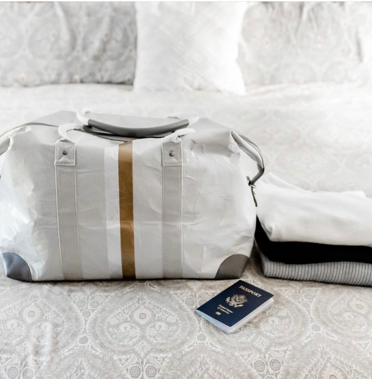 The Weekender Travel Carry On Bag in Black with Silver and Gold Stripes
